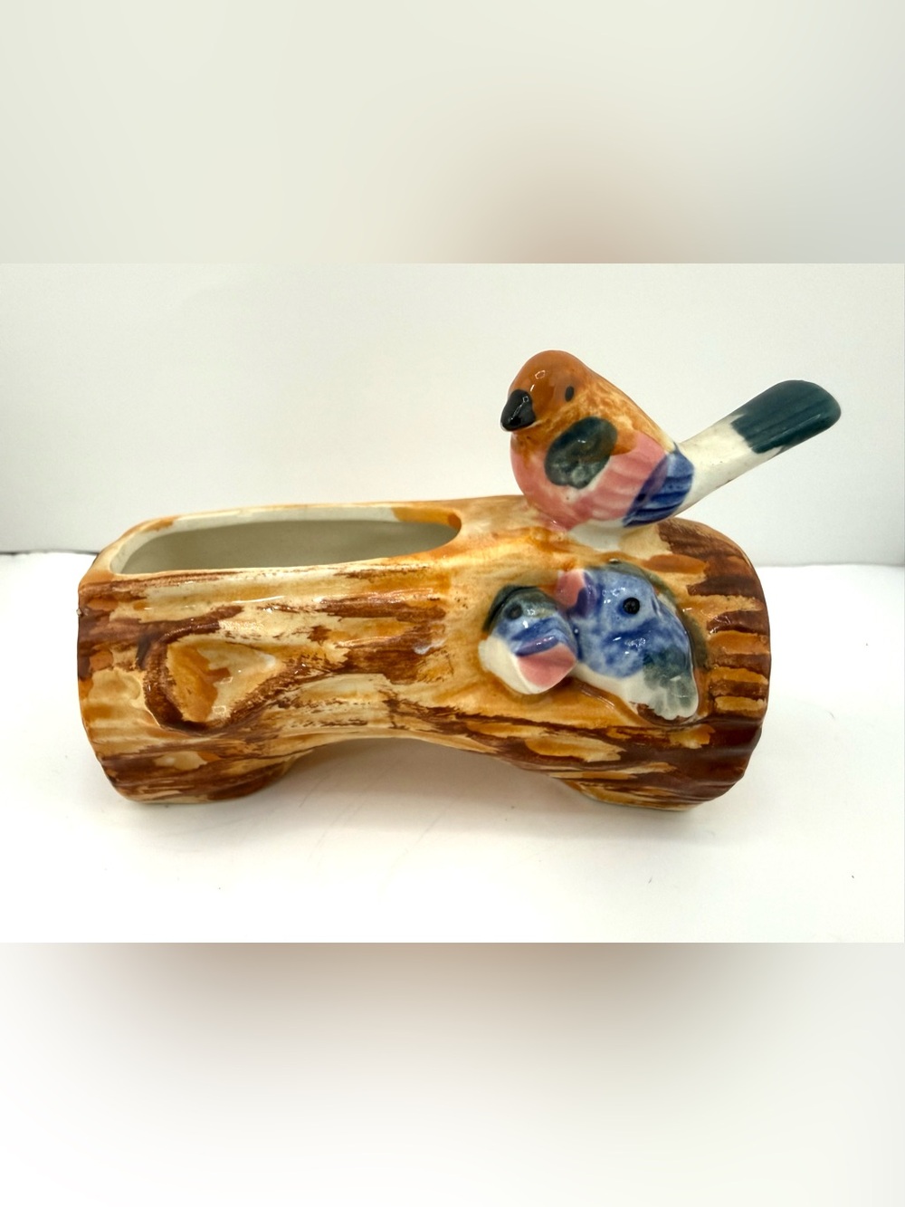 Vintage ceramic bird-on-a-log planter